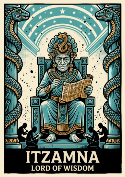 Poster featuring Itzamna as Lord of Wisdom with two serpents on a blue background