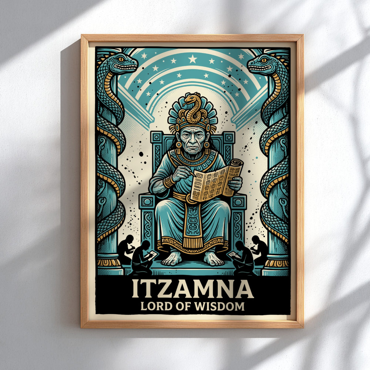 Poster featuring Itzamna as Lord of Wisdom with two serpents on a blue background