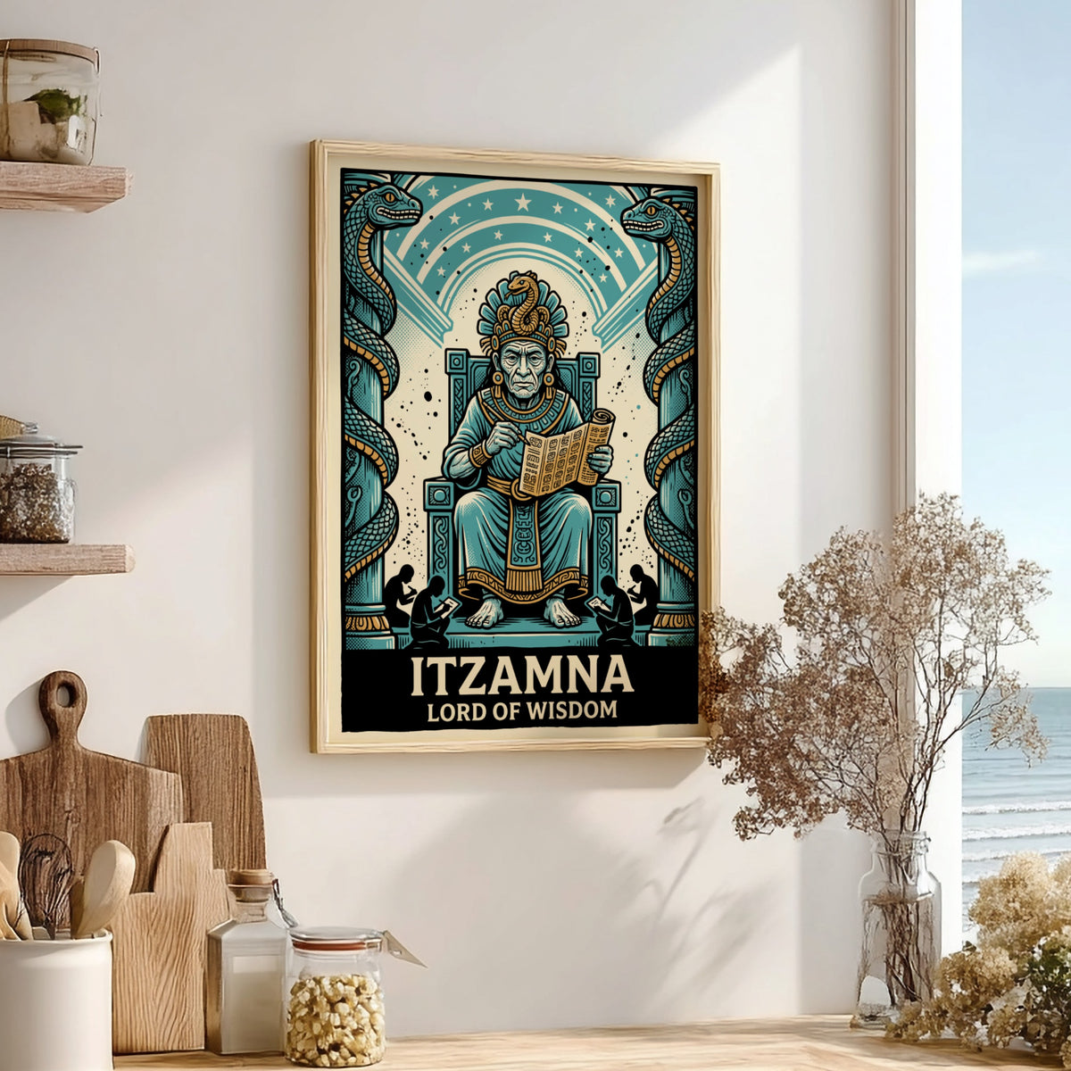 Poster featuring Itzamna as Lord of Wisdom with two serpents on a blue background