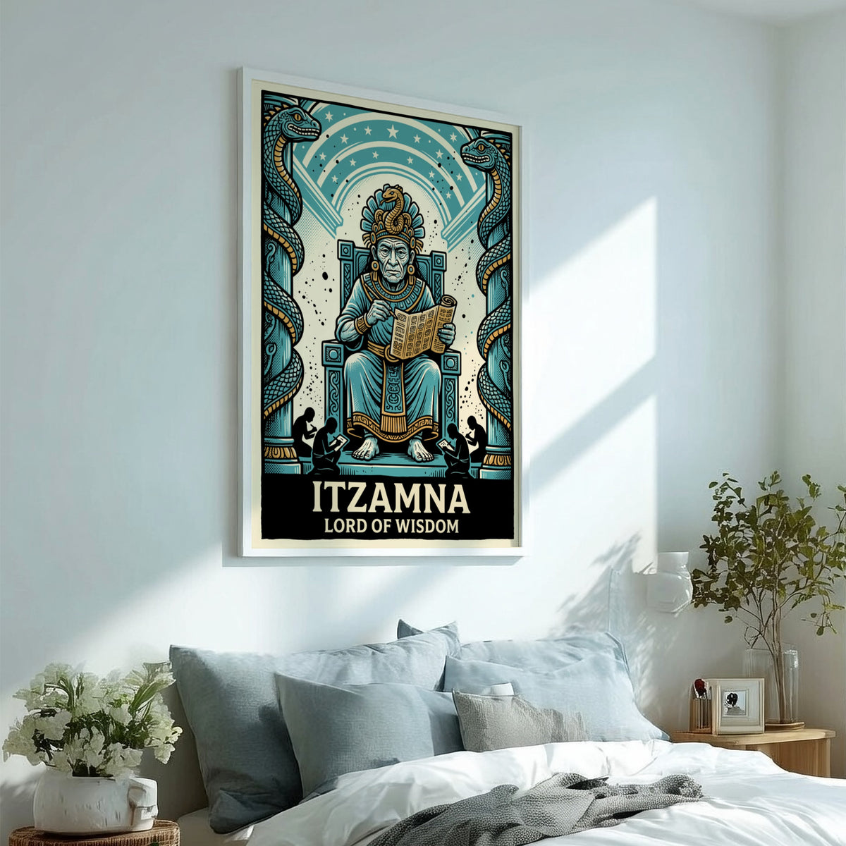 Poster featuring Itzamna as Lord of Wisdom with two serpents on a blue background