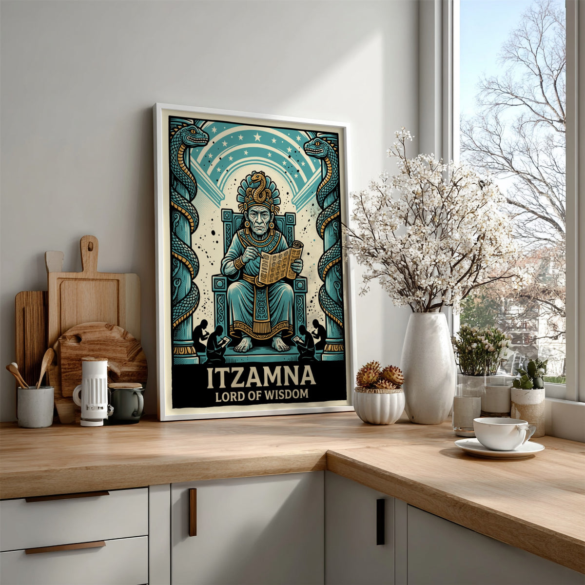 Poster featuring Itzamna as Lord of Wisdom with two serpents on a blue background