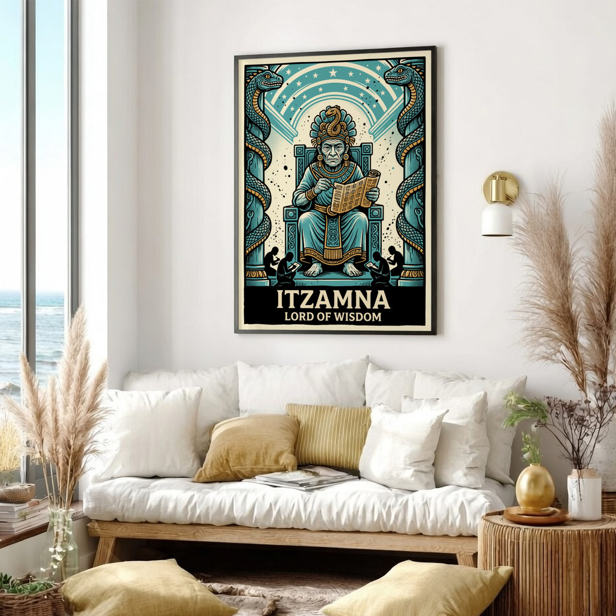 Poster featuring Itzamna as Lord of Wisdom with two serpents on a blue background