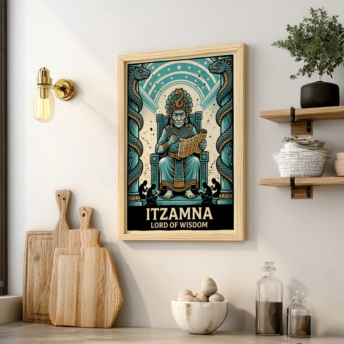 Poster featuring Itzamna as Lord of Wisdom with two serpents on a blue background