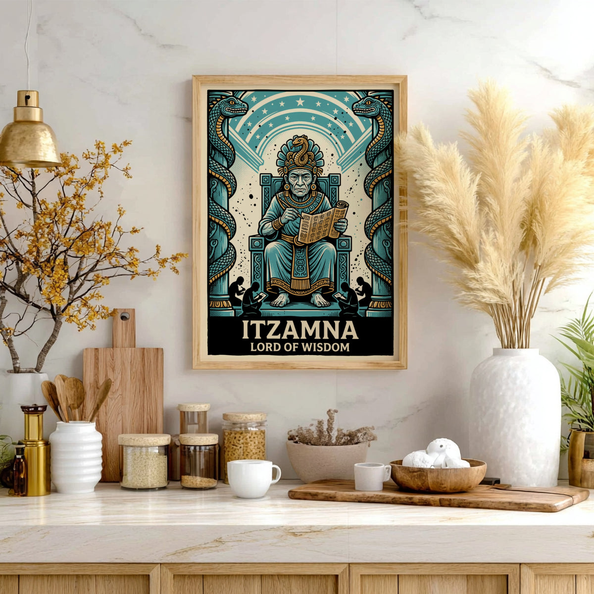 Poster featuring Itzamna as Lord of Wisdom with two serpents on a blue background