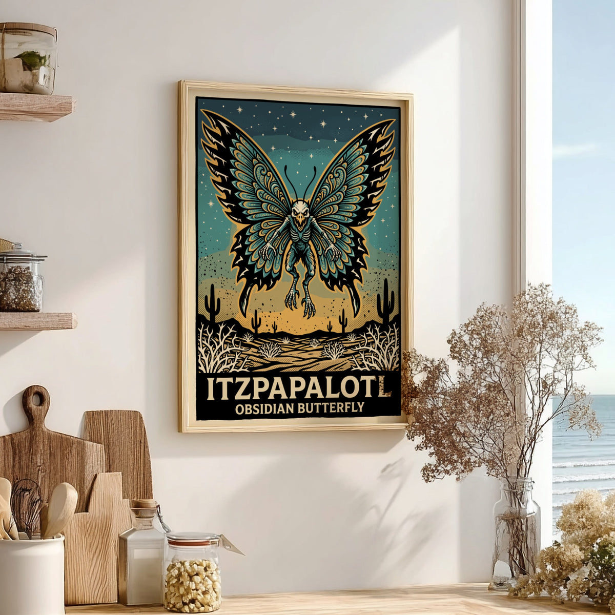 Poster of a skeletal Itzpapalotl obsidian butterfly flying over a desert landscape with stars