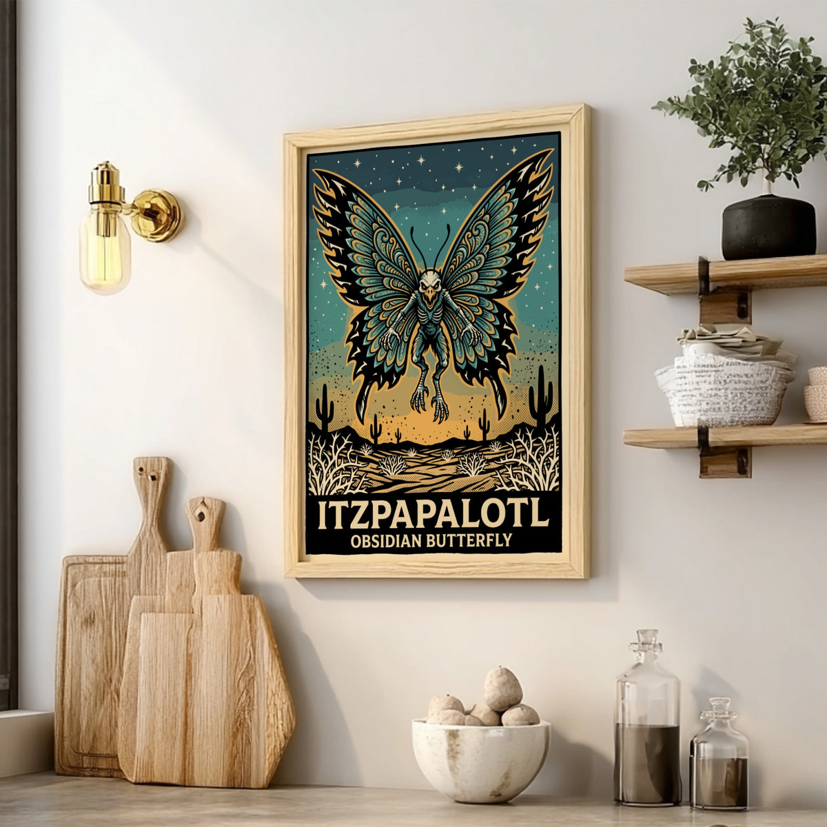 Poster of a skeletal Itzpapalotl obsidian butterfly flying over a desert landscape with stars