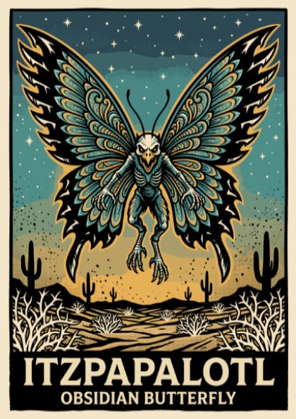 Poster of a skeletal Itzpapalotl obsidian butterfly flying over a desert landscape with stars