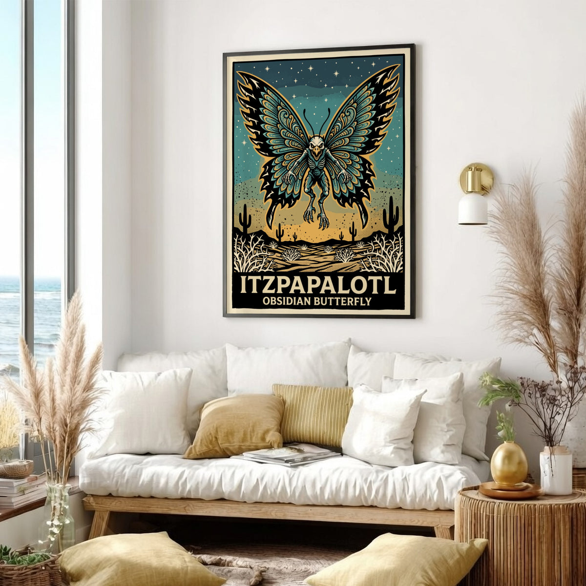 Poster of a skeletal Itzpapalotl obsidian butterfly flying over a desert landscape with stars