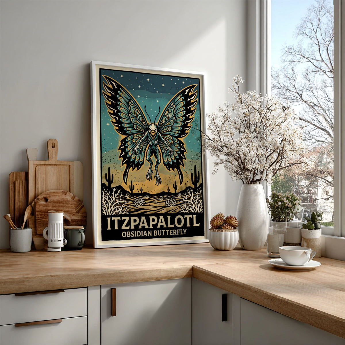 Poster of a skeletal Itzpapalotl obsidian butterfly flying over a desert landscape with stars