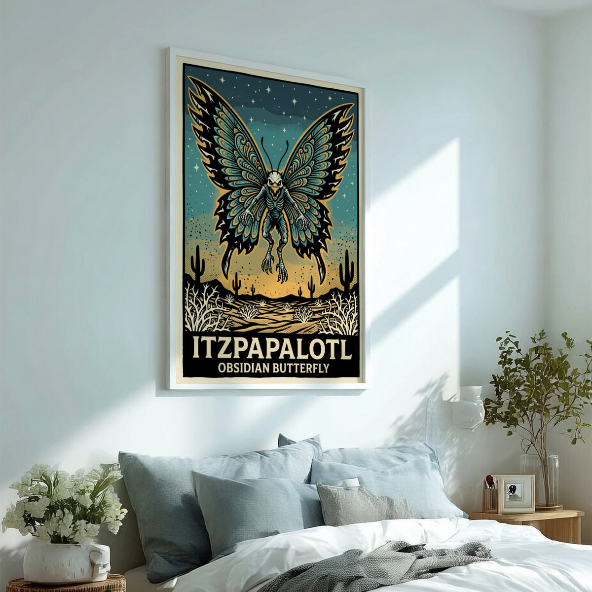 Poster of a skeletal Itzpapalotl obsidian butterfly flying over a desert landscape with stars