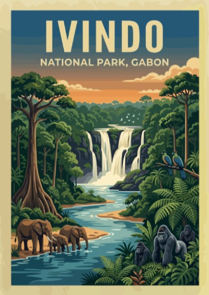 Ivindo National Park poster featuring vibrant nature colors, waterfalls, and wildlife in a detailed artistic