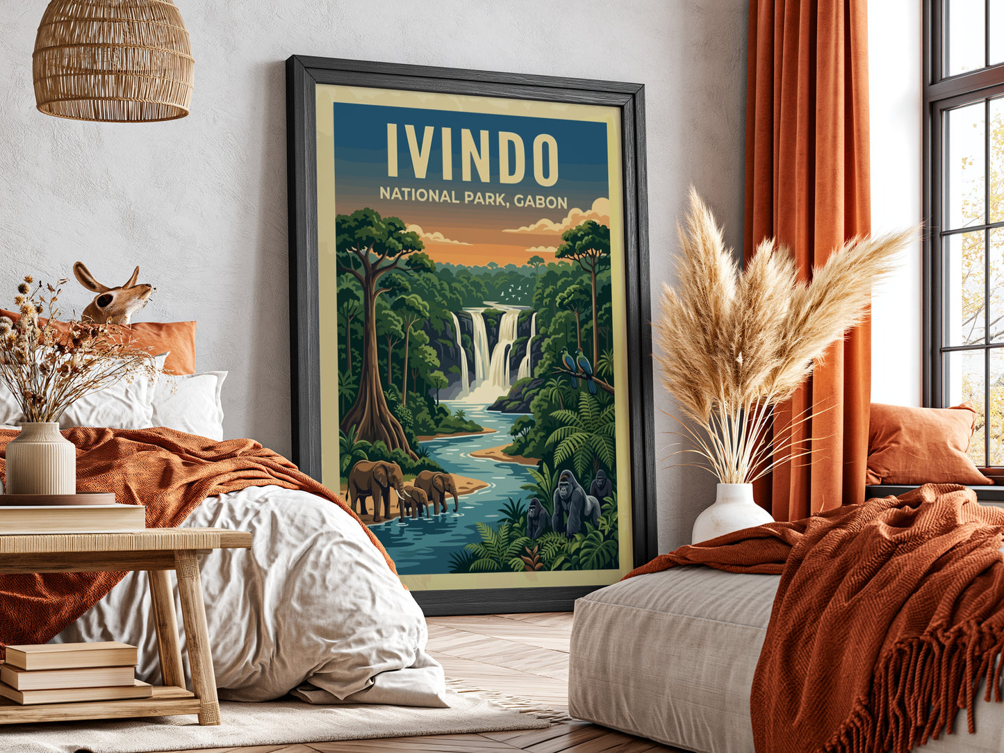 Ivindo National Park poster featuring vibrant nature colors, waterfalls, and wildlife in a detailed artistic