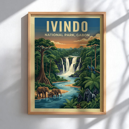 Ivindo National Park poster featuring vibrant nature colors, waterfalls, and wildlife in a detailed artistic