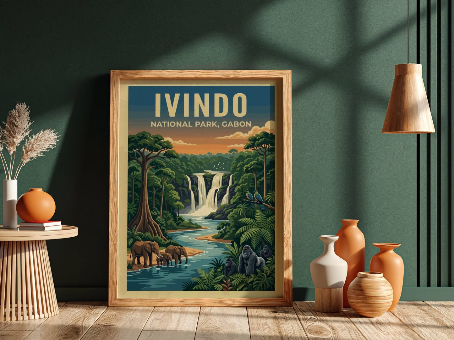 Ivindo National Park poster featuring vibrant nature colors, waterfalls, and wildlife in a detailed artistic