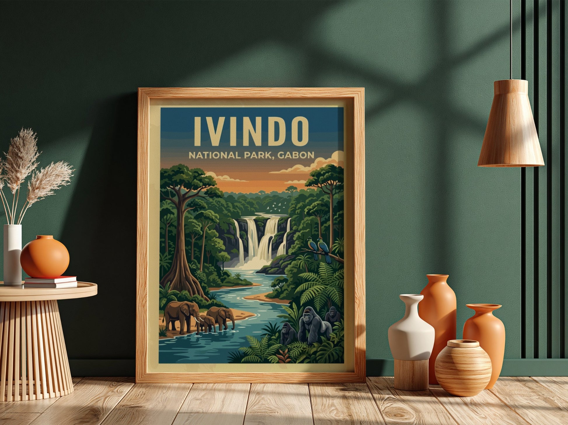 Ivindo National Park poster featuring vibrant nature colors, waterfalls, and wildlife in a detailed artistic
