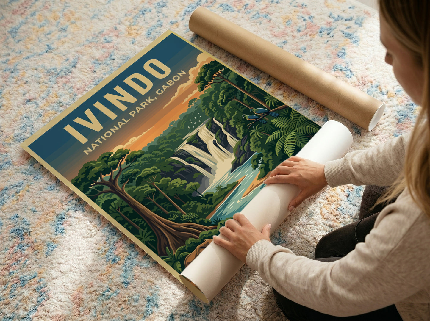 Ivindo National Park poster featuring vibrant nature colors, waterfalls, and wildlife in a detailed artistic