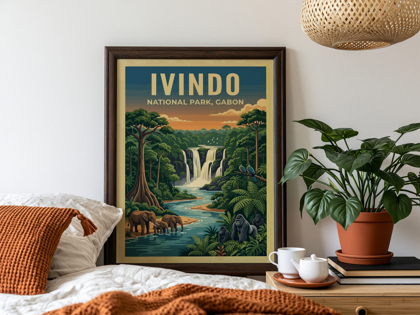 Ivindo National Park poster featuring vibrant nature colors, waterfalls, and wildlife in a detailed artistic