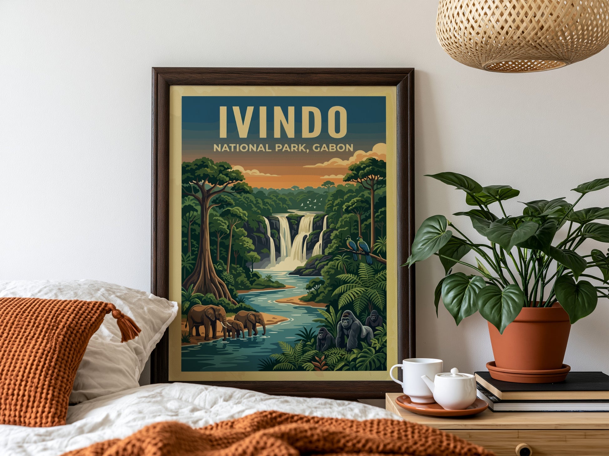 Ivindo National Park poster featuring vibrant nature colors, waterfalls, and wildlife in a detailed artistic