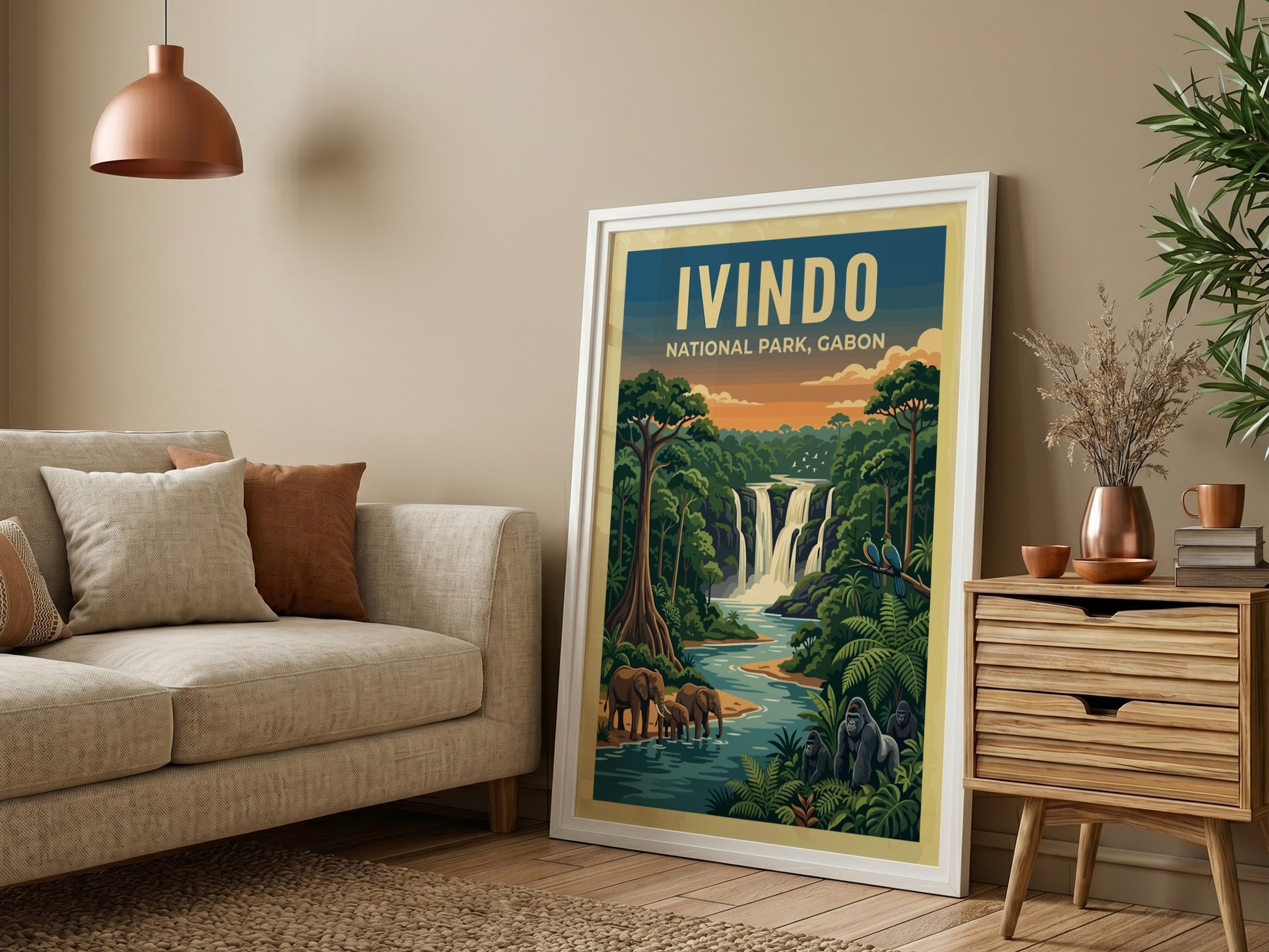 Ivindo National Park poster featuring vibrant nature colors, waterfalls, and wildlife in a detailed artistic