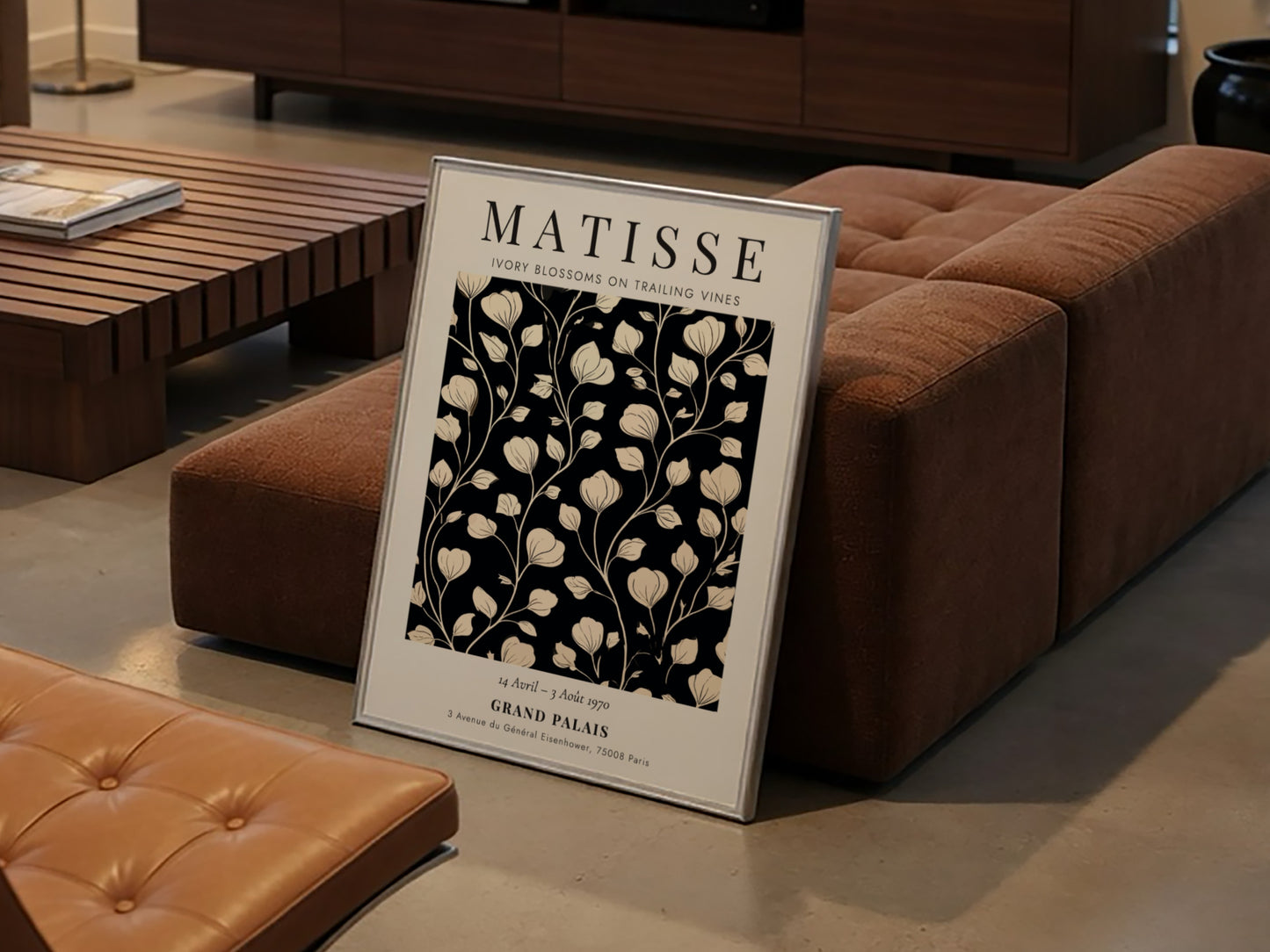 Henri Matisse Ivory Blossoms poster with floral design in ivory and black, perfect for wall decor.
