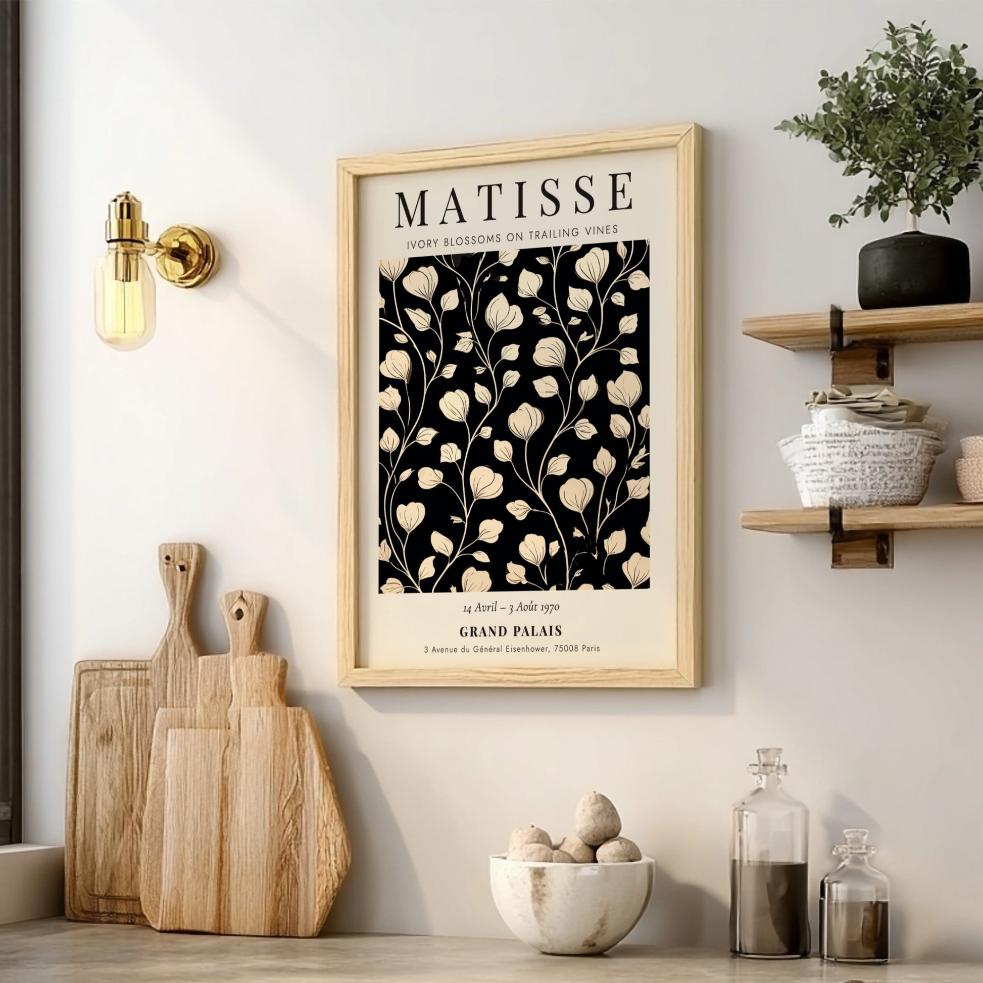 Henri Matisse Ivory Blossoms poster with floral design in ivory and black, perfect for wall decor.