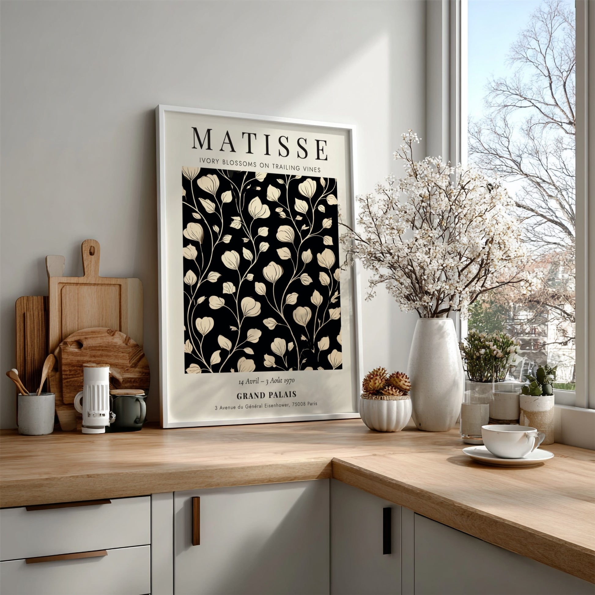 Henri Matisse Ivory Blossoms poster with floral design in ivory and black, perfect for wall decor.