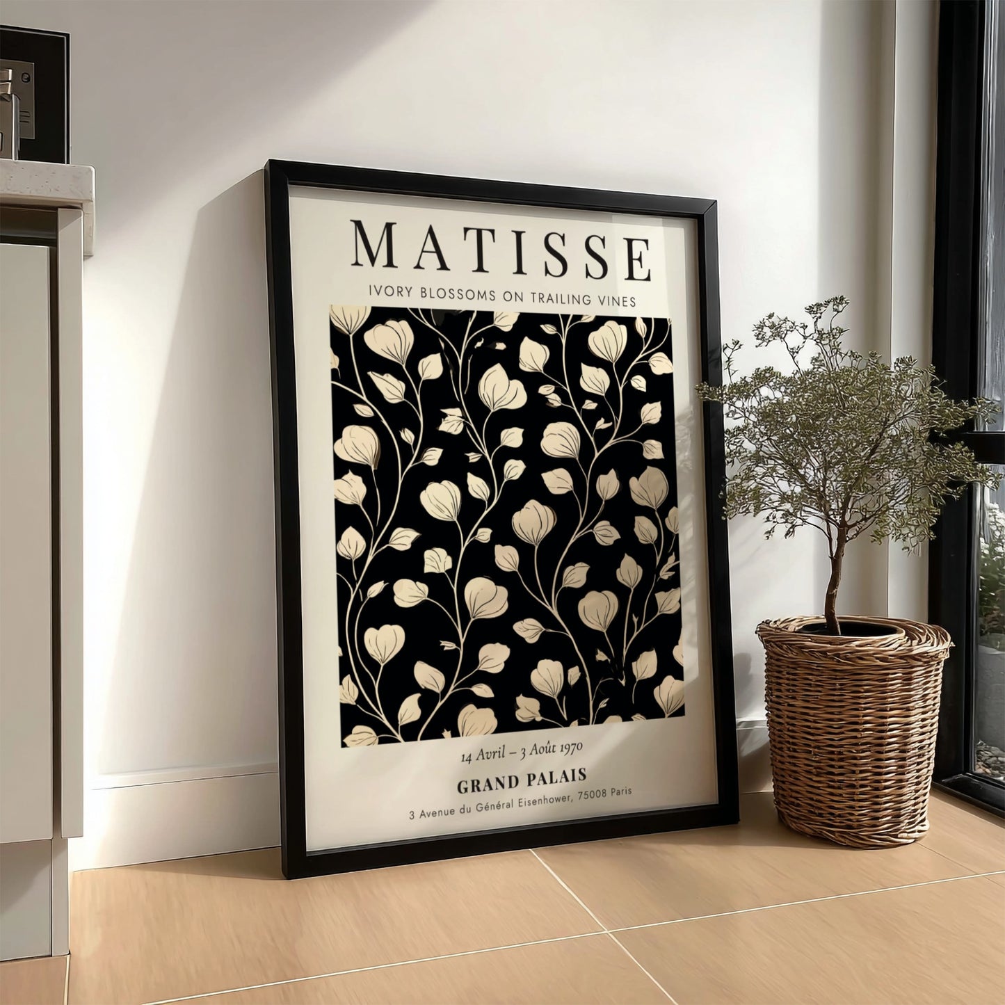Henri Matisse Ivory Blossoms poster with floral design in ivory and black, perfect for wall decor.
