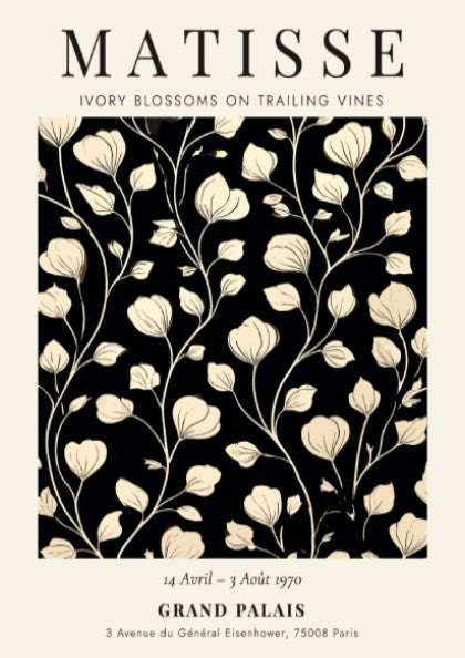 Henri Matisse Ivory Blossoms poster with floral design in ivory and black, perfect for wall decor.