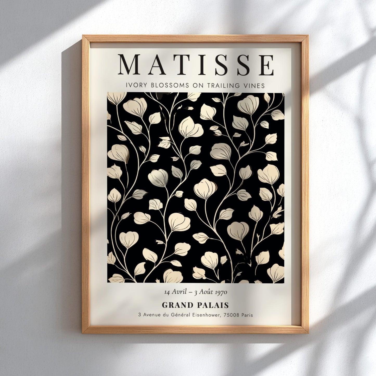 Henri Matisse Ivory Blossoms poster with floral design in ivory and black, perfect for wall decor.