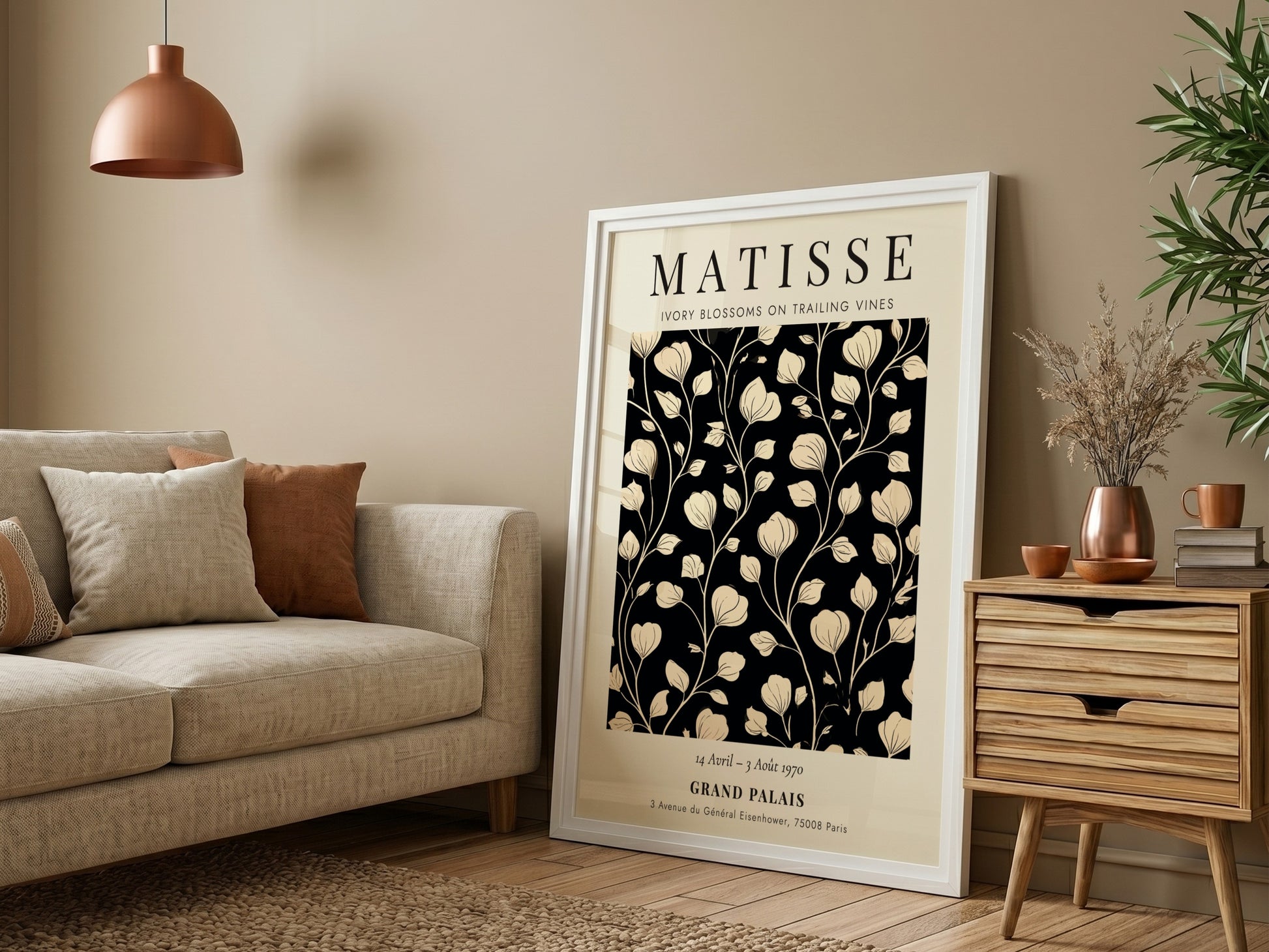 Henri Matisse Ivory Blossoms poster with floral design in ivory and black, perfect for wall decor.
