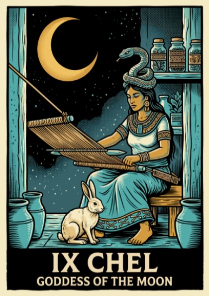 Poster of Ix Chel weaving with a rabbit and snake under a crescent moon