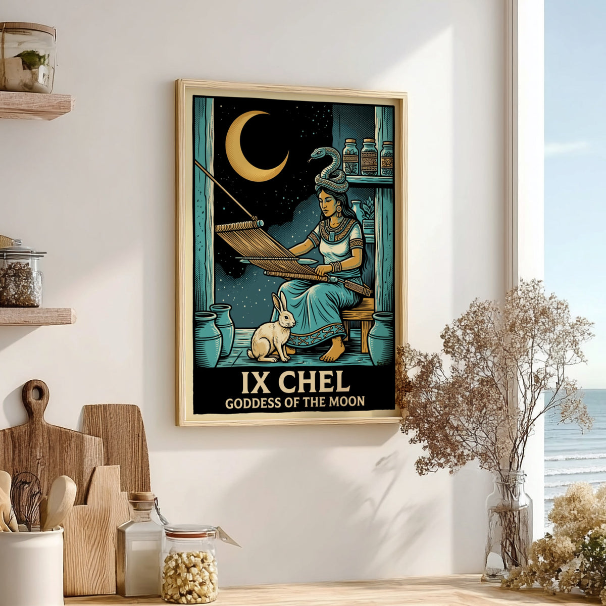 Poster of Ix Chel weaving with a rabbit and snake under a crescent moon