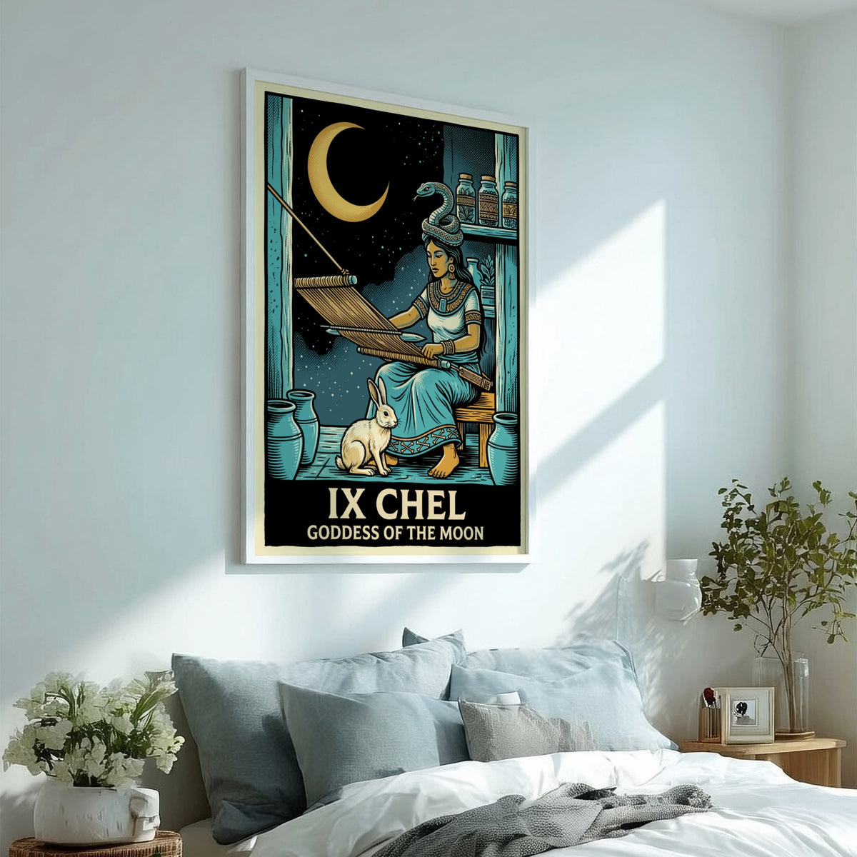 Poster of Ix Chel weaving with a rabbit and snake under a crescent moon