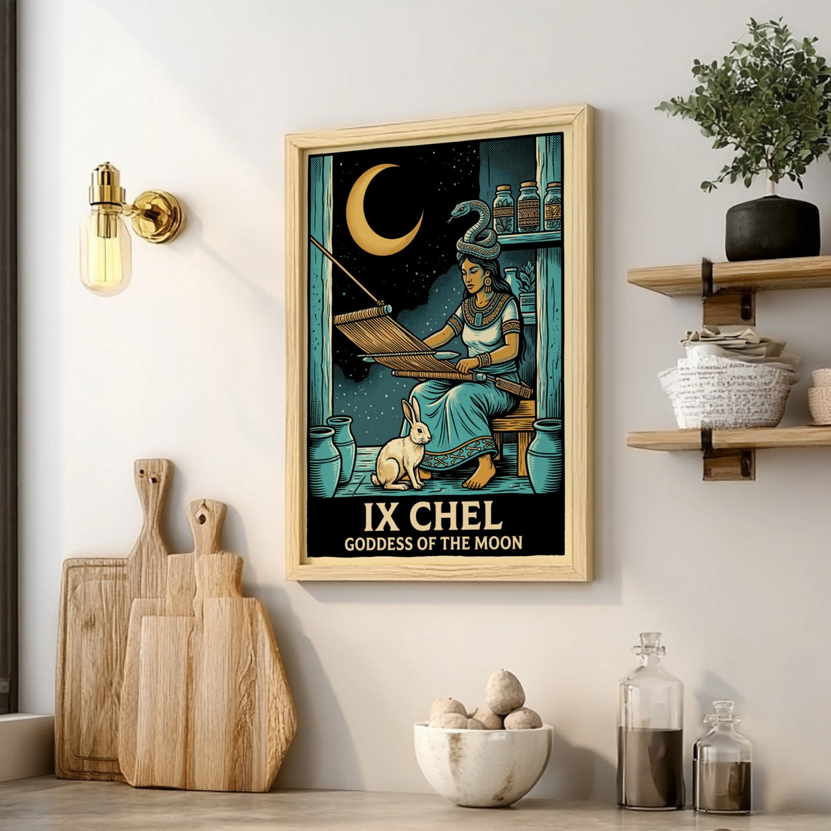 Poster of Ix Chel weaving with a rabbit and snake under a crescent moon