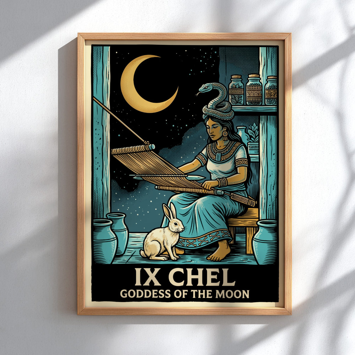 Poster of Ix Chel weaving with a rabbit and snake under a crescent moon