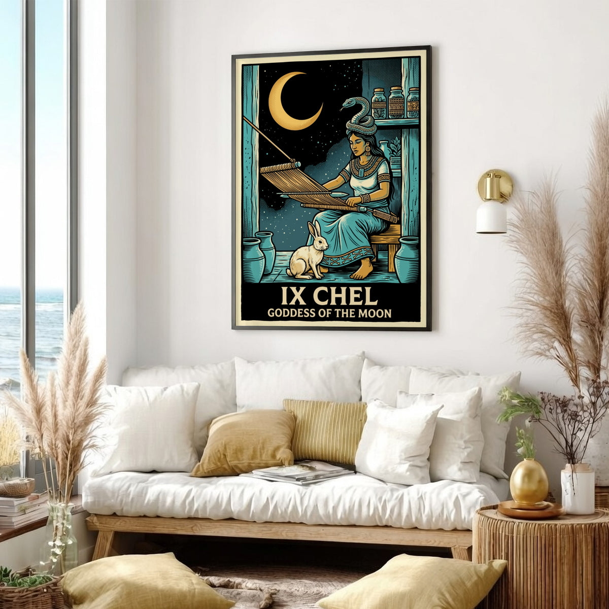 Poster of Ix Chel weaving with a rabbit and snake under a crescent moon