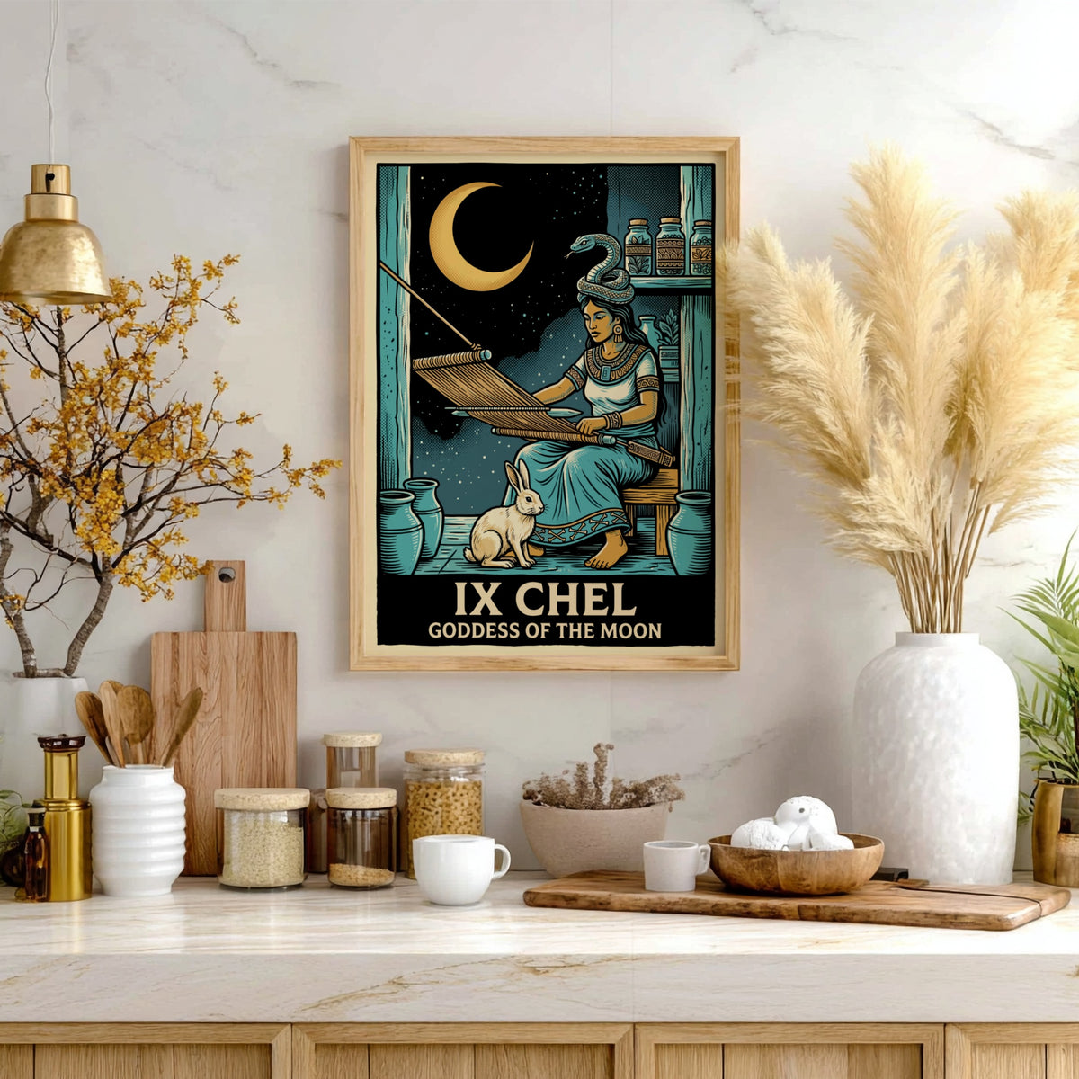 Poster of Ix Chel weaving with a rabbit and snake under a crescent moon