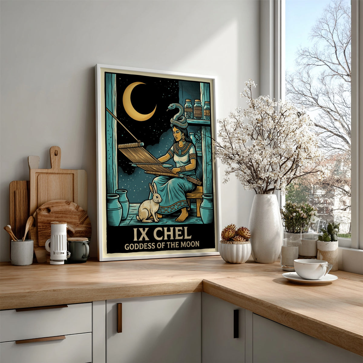 Poster of Ix Chel weaving with a rabbit and snake under a crescent moon