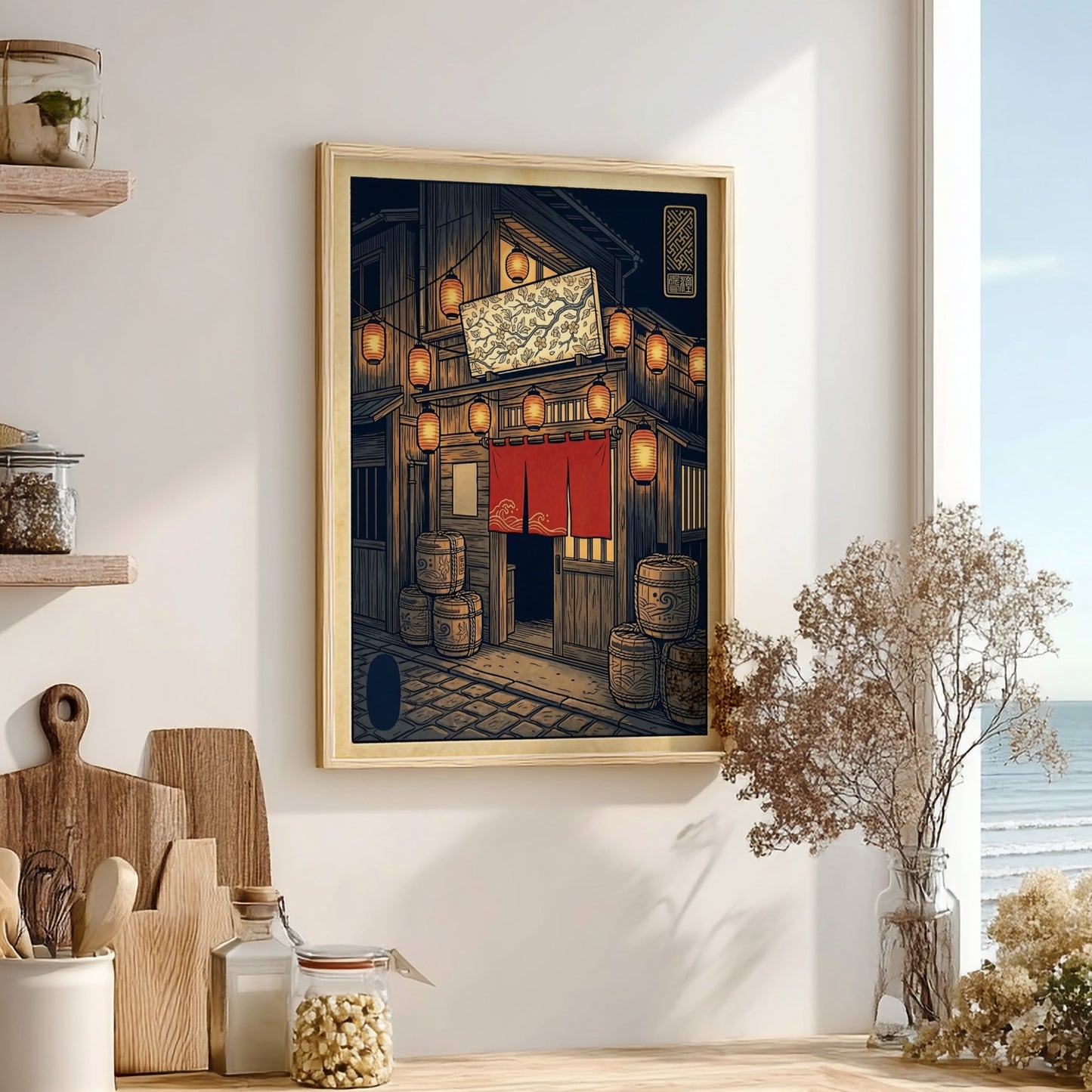 Japanese art style poster featuring izakaya night lanterns with warm colors and intricate details