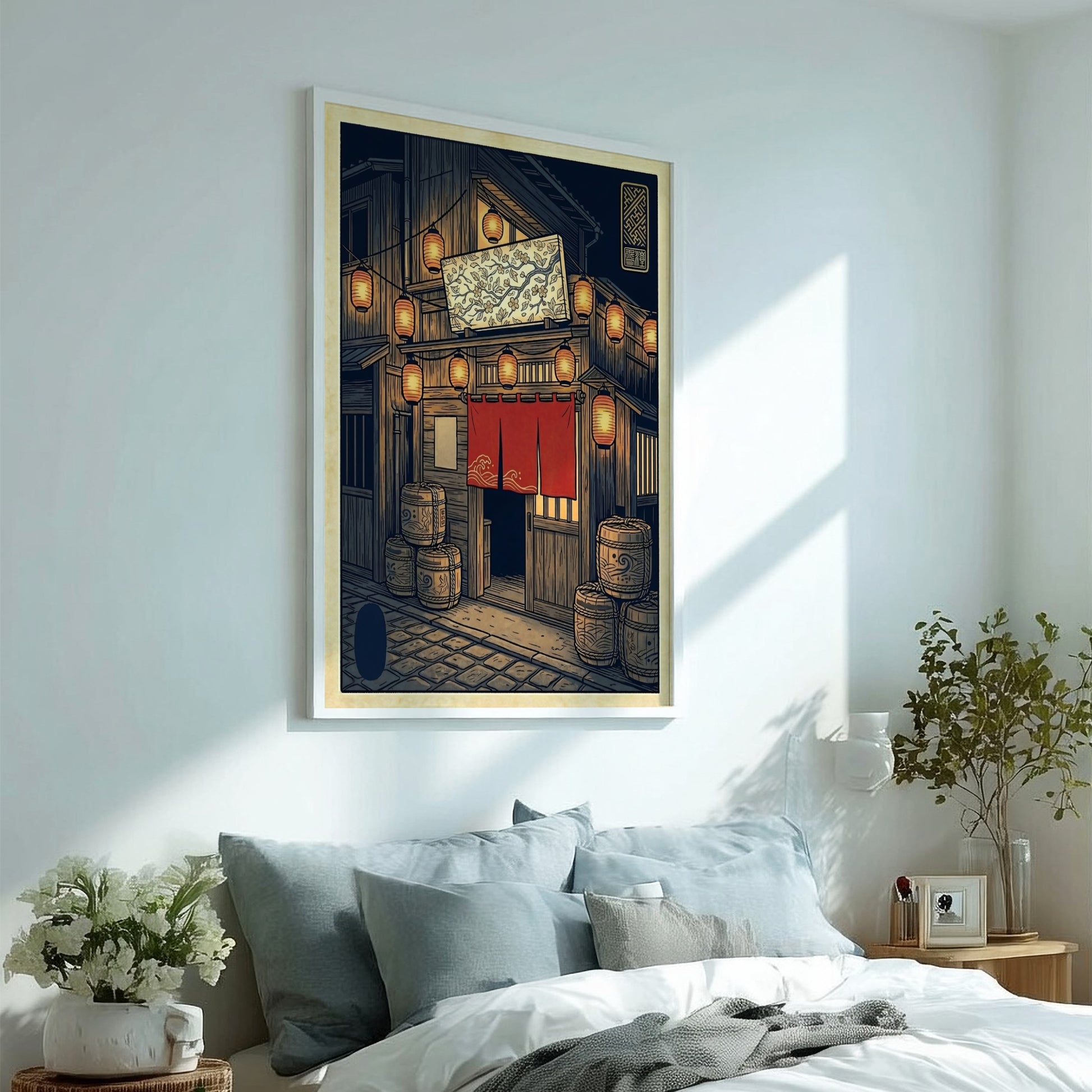 Japanese art style poster featuring izakaya night lanterns with warm colors and intricate details