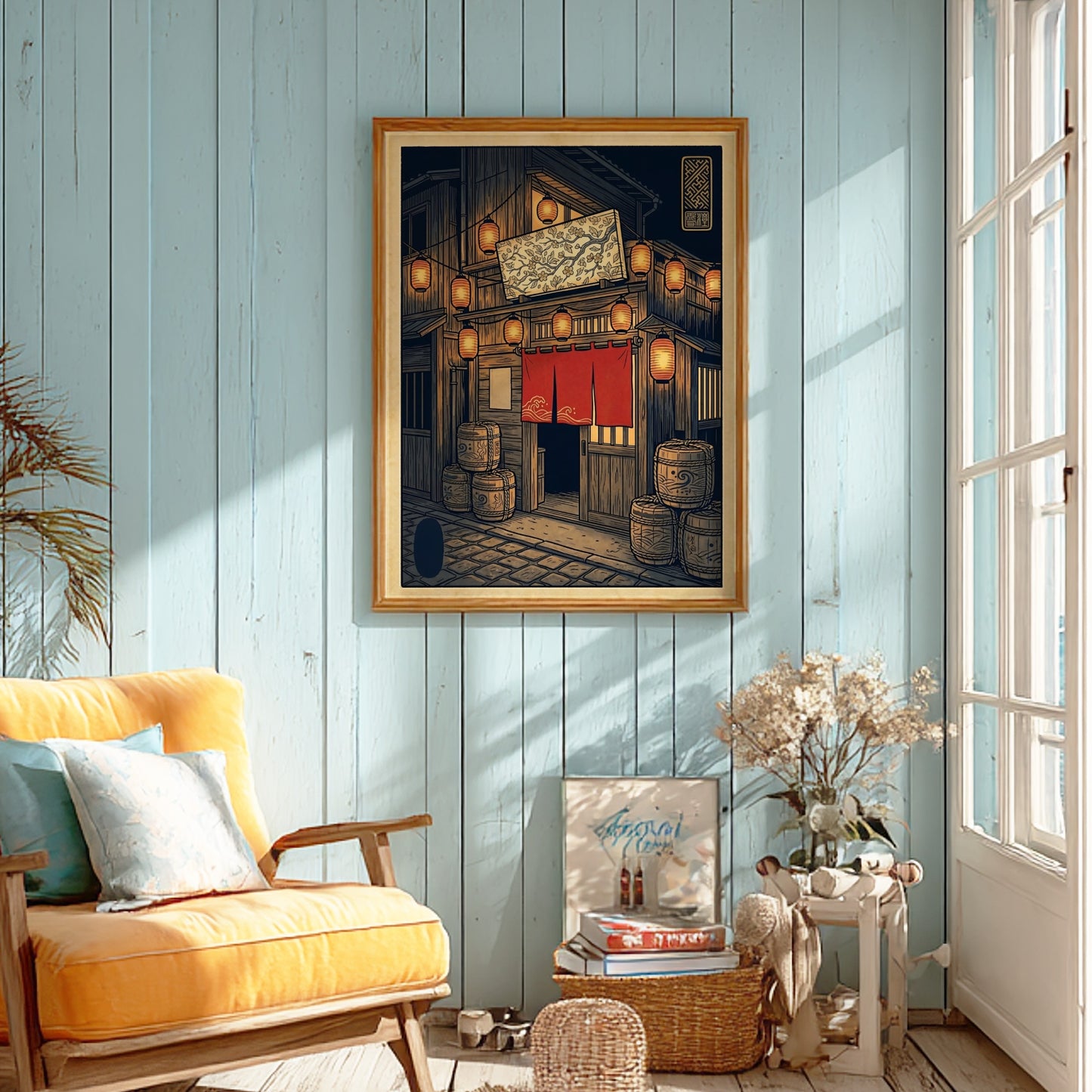 Japanese art style poster featuring izakaya night lanterns with warm colors and intricate details
