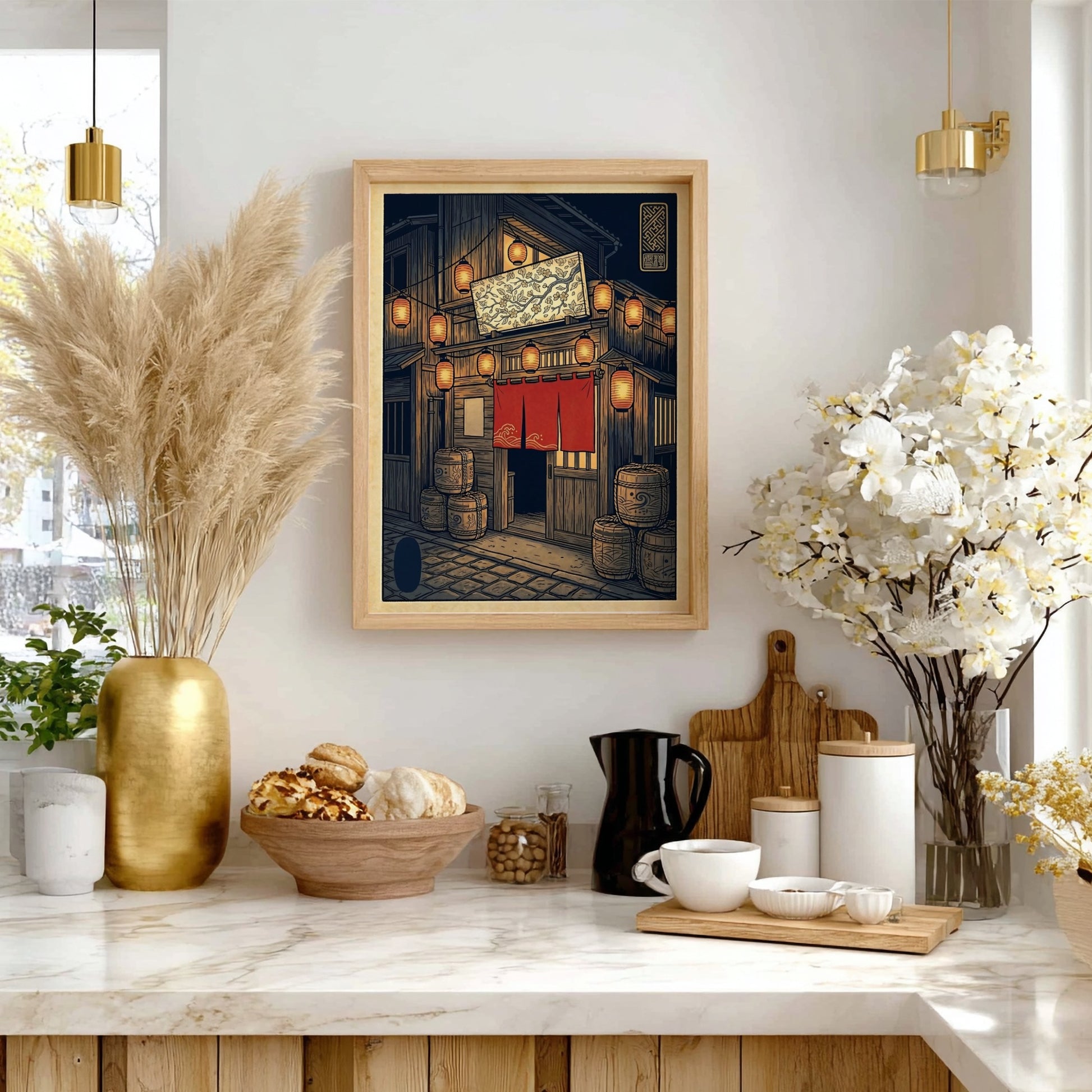 Japanese art style poster featuring izakaya night lanterns with warm colors and intricate details