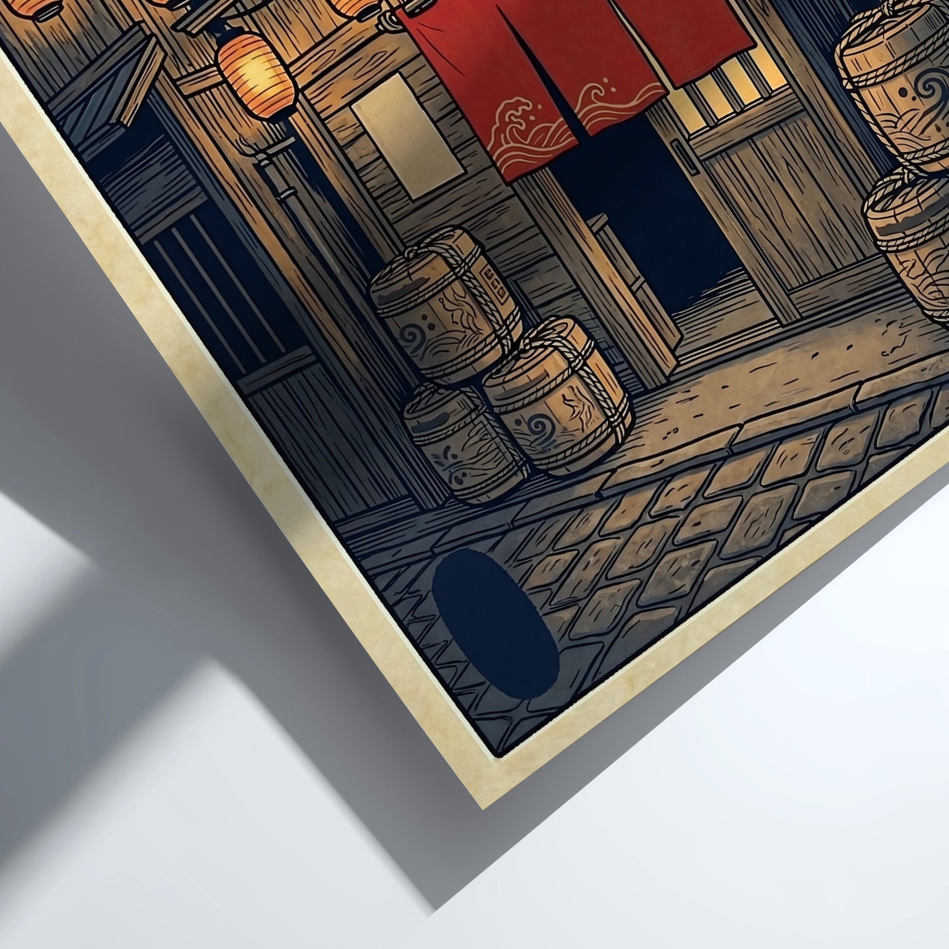 Japanese art style poster featuring izakaya night lanterns with warm colors and intricate details