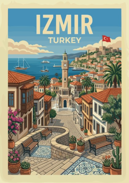 Vintage Izmir travel poster featuring a coastal cityscape with a clock tower and sailboats, rendered in a