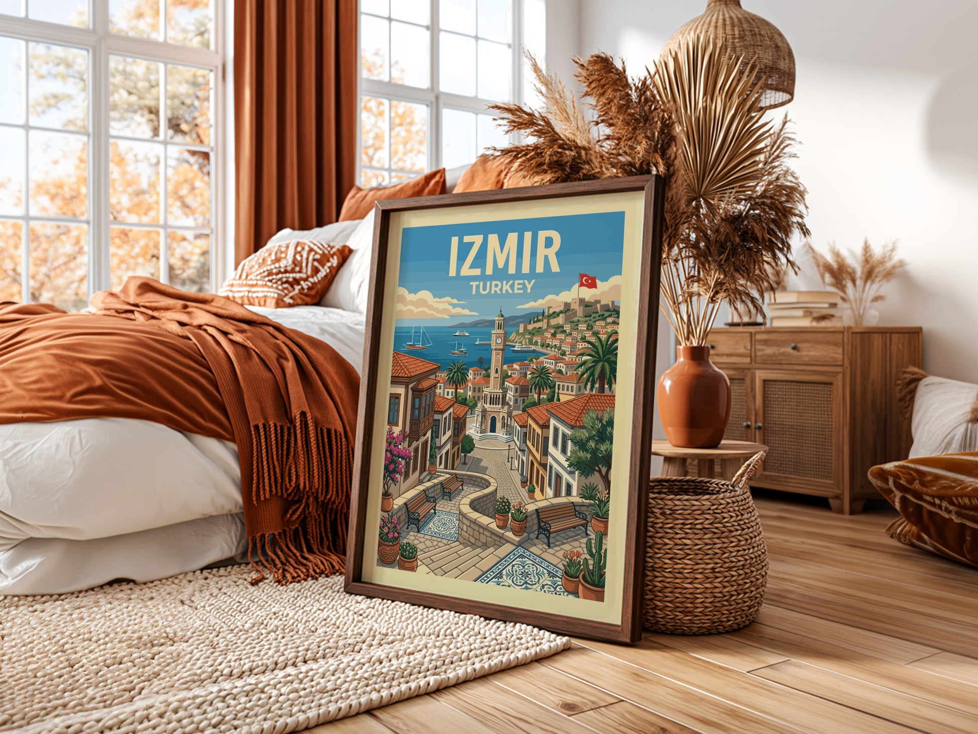 Vintage Izmir travel poster featuring a coastal cityscape with a clock tower and sailboats, rendered in a