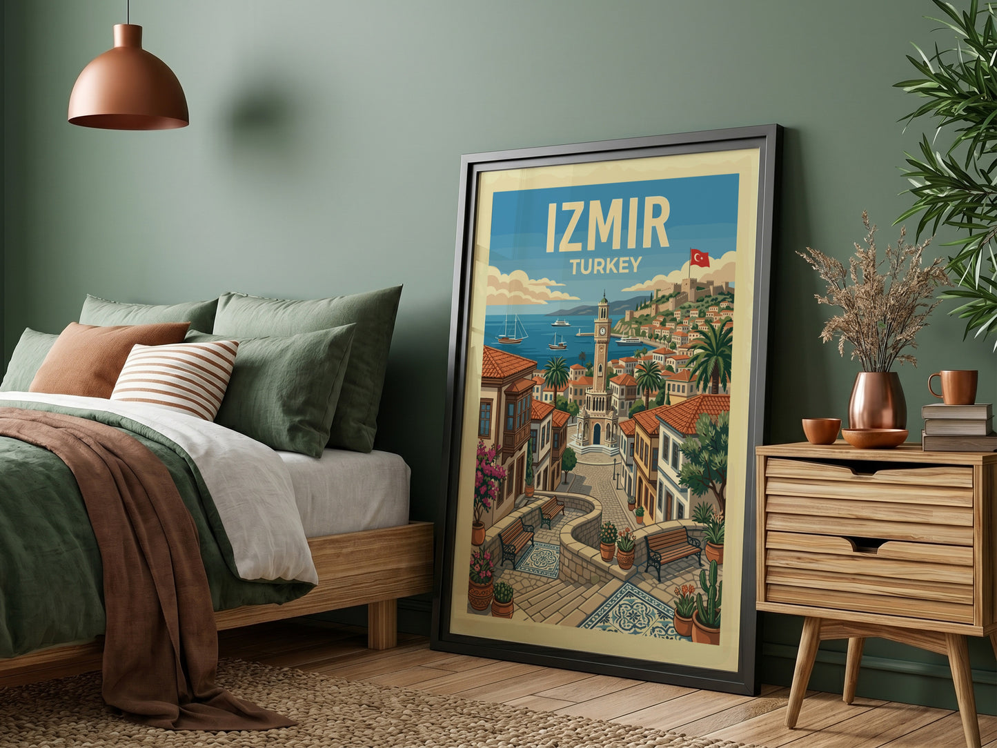 Vintage Izmir travel poster featuring a coastal cityscape with a clock tower and sailboats, rendered in a