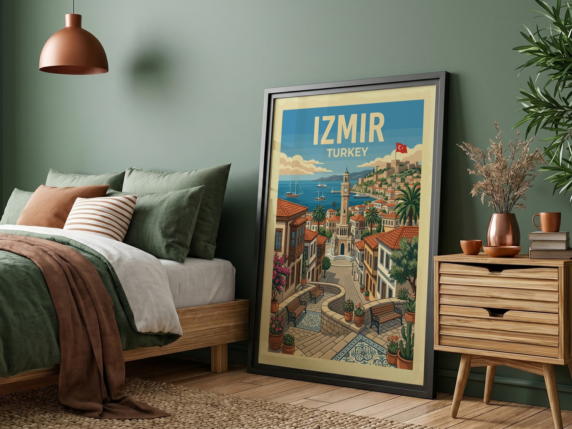 Vintage Izmir travel poster featuring a coastal cityscape with a clock tower and sailboats, rendered in a