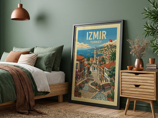 Vintage Izmir travel poster featuring a coastal cityscape with a clock tower and sailboats, rendered in a
