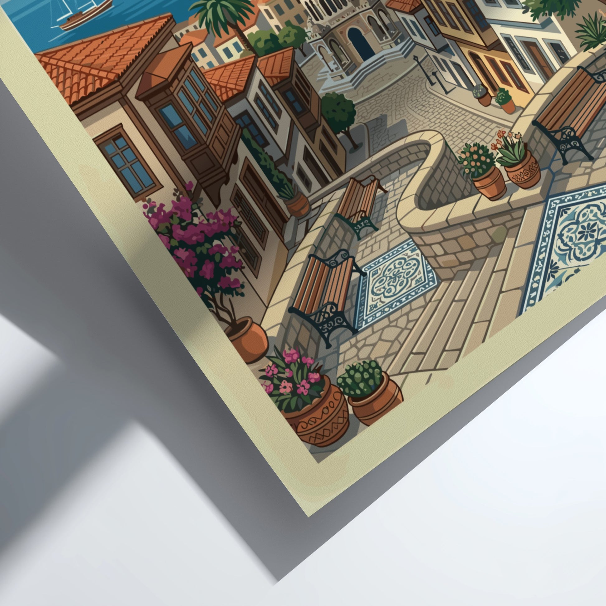 Vintage Izmir travel poster featuring a coastal cityscape with a clock tower and sailboats, rendered in a