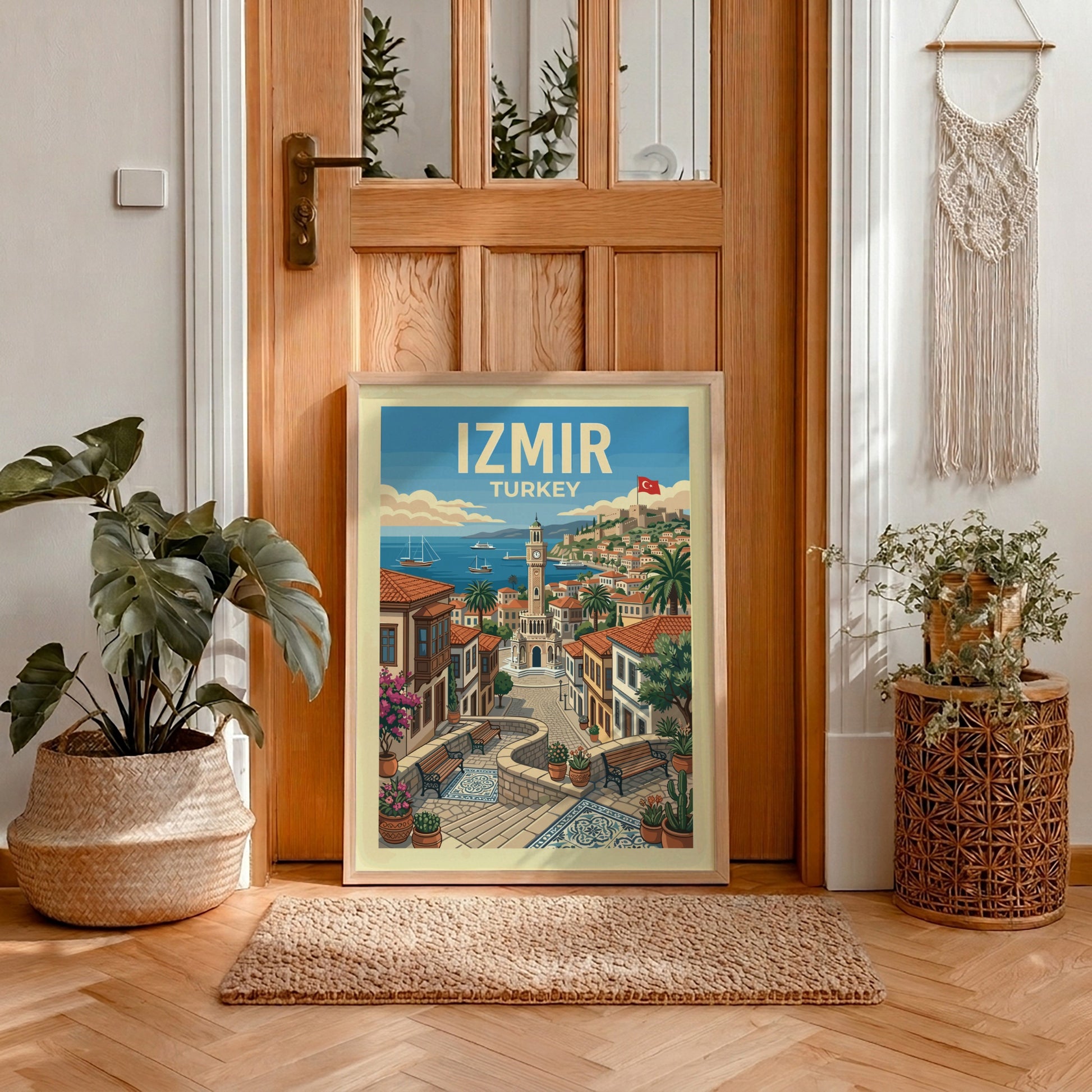 Vintage Izmir travel poster featuring a coastal cityscape with a clock tower and sailboats, rendered in a